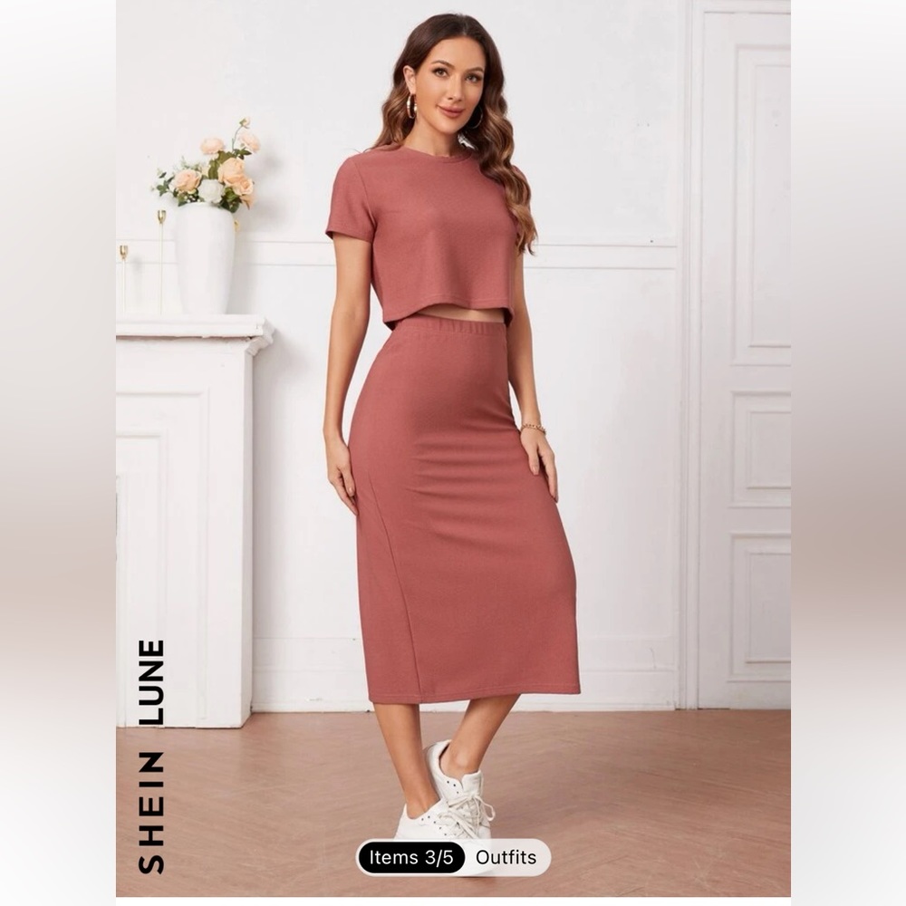 SHEIN LUNE Solid Tee & Straight Skirt large 8/10 new rose red pink set top shirt - Picture 1 of 3